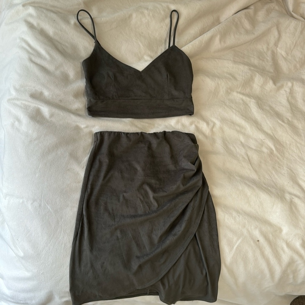Olive green suede skirt and crop top set